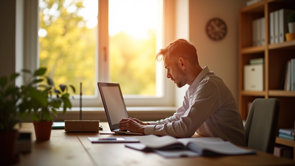 Bright home office with natural window lighting, properly lit desk area, and organized workspace showing ideal work environment setup