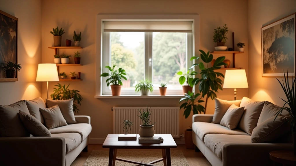 Cozy living room interior with layered heating solutions showing radiators and comfortable seating arrangement