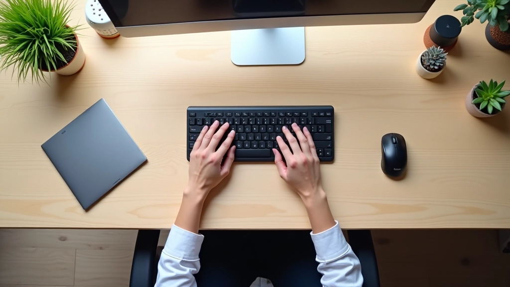 Overhead view of ergonomic desk layout showing proper keyboard and mouse positioning relative to body with arms at correct angles
