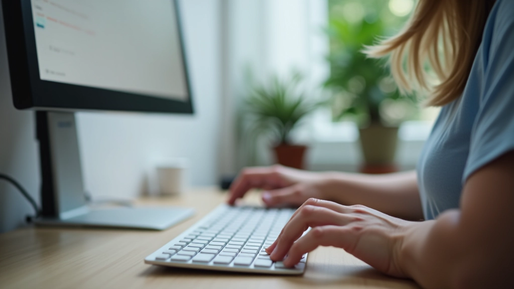 Close-up detail of proper ergonomic desk setup showing correct monitor height at eye level and keyboard positioning