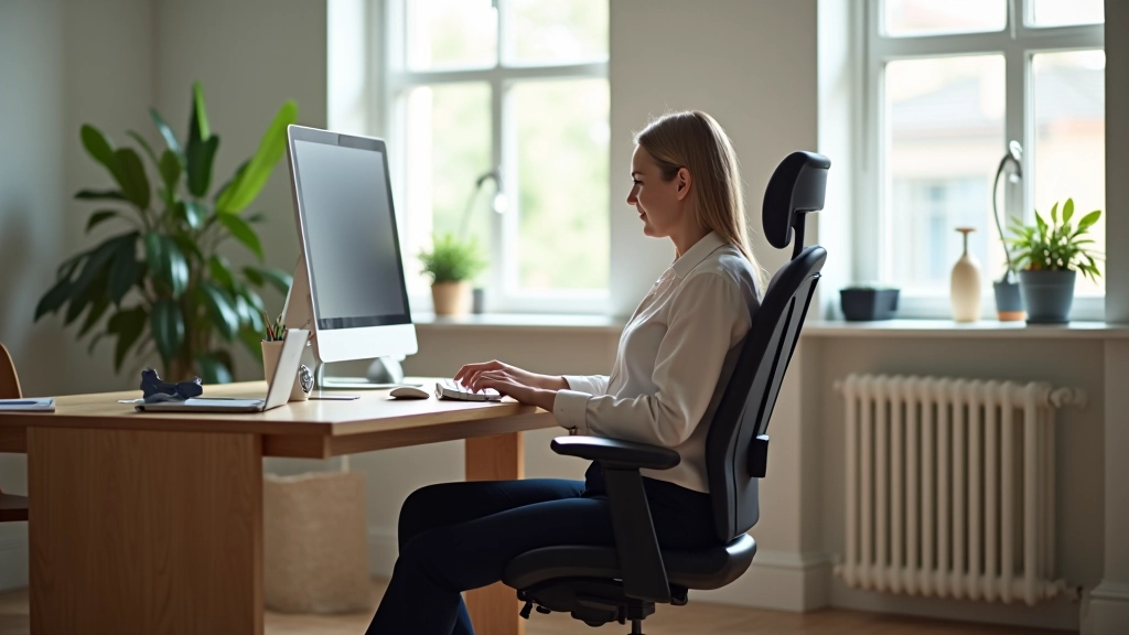 Professional home office workspace featuring ergonomic desk setup with proper chair height, monitor positioning, and organized desk layout for comfortable working from home