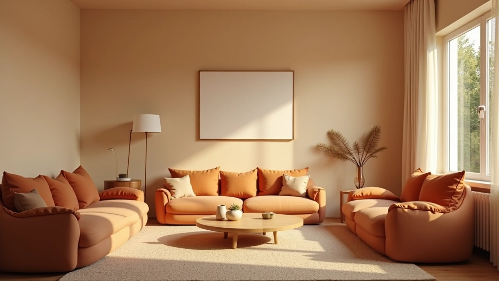 Room showcasing warm neutral color palette with cream walls, warm gray furnishings, and terracotta accent pieces