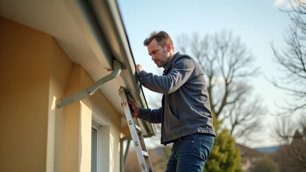 Homeowner inspecting roof gutters in spring with ladder and cleaning tools