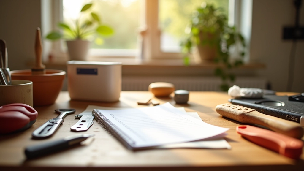 Organized home maintenance workspace with tools and checklist showing seasonal preparation tasks