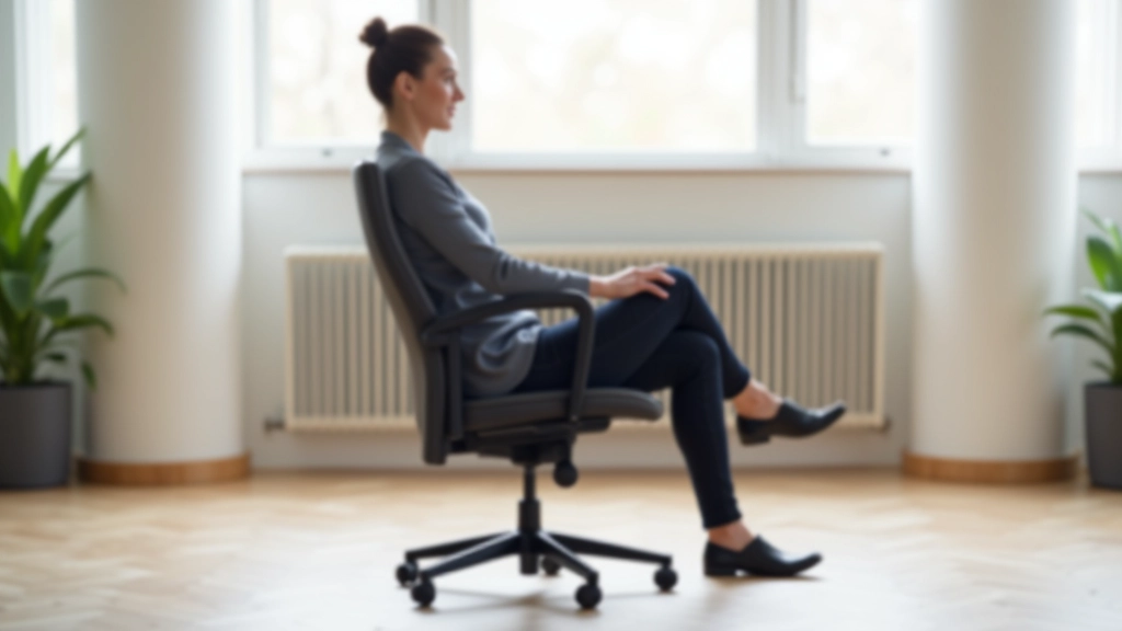 Side view of person sitting in ergonomic office chair showing proper spinal alignment with feet flat on floor and arms at correct angle