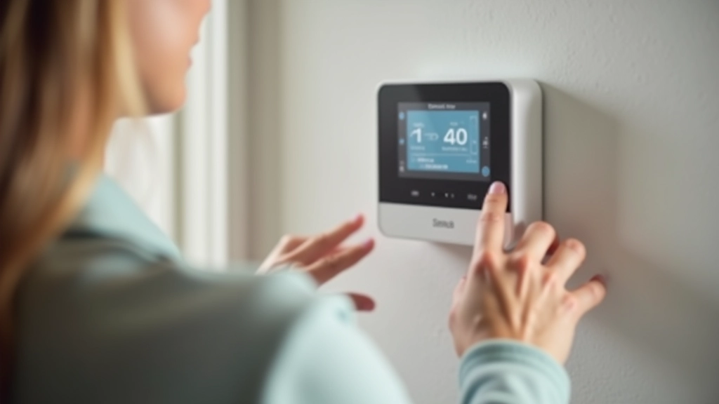 Person adjusting smart thermostat on wall with digital display showing temperature settings