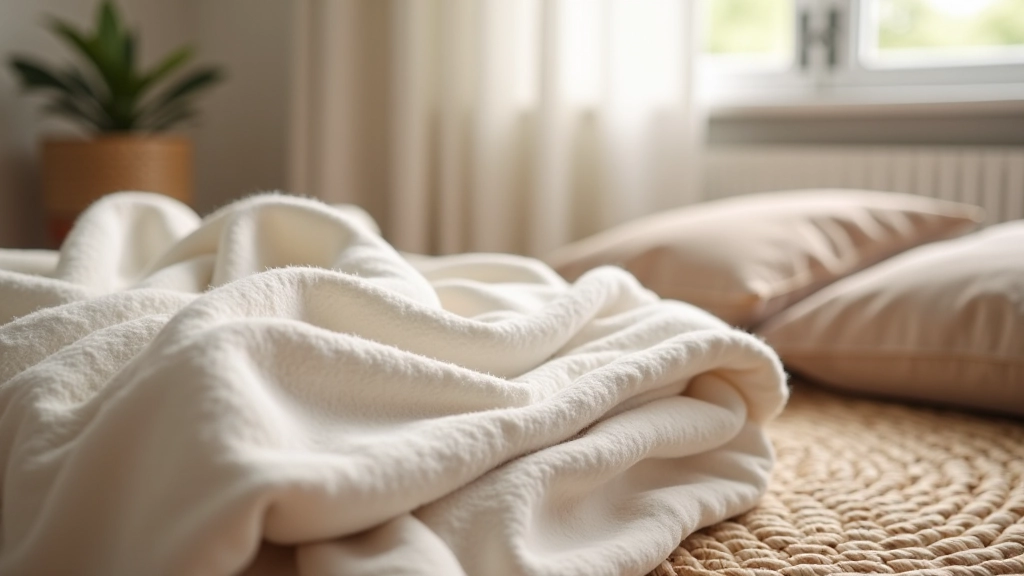 Close-up of layered textiles showing wool blanket, linen cushions, and soft rug creating tactile comfort